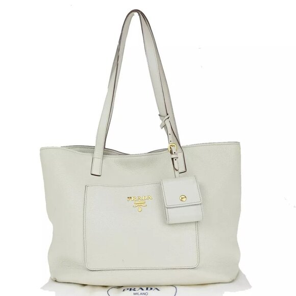 PRADA MILANO Logo Shoulder Hand Tote Bag Leather White Gold 86KA230 - Picture 1 of 16